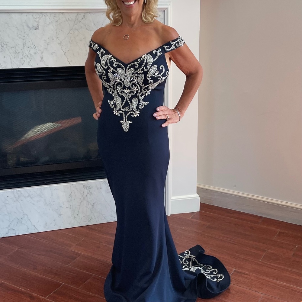Jovani Navy Blue Strapless Off-Shoulder Evening Gown with Silver Embellishment